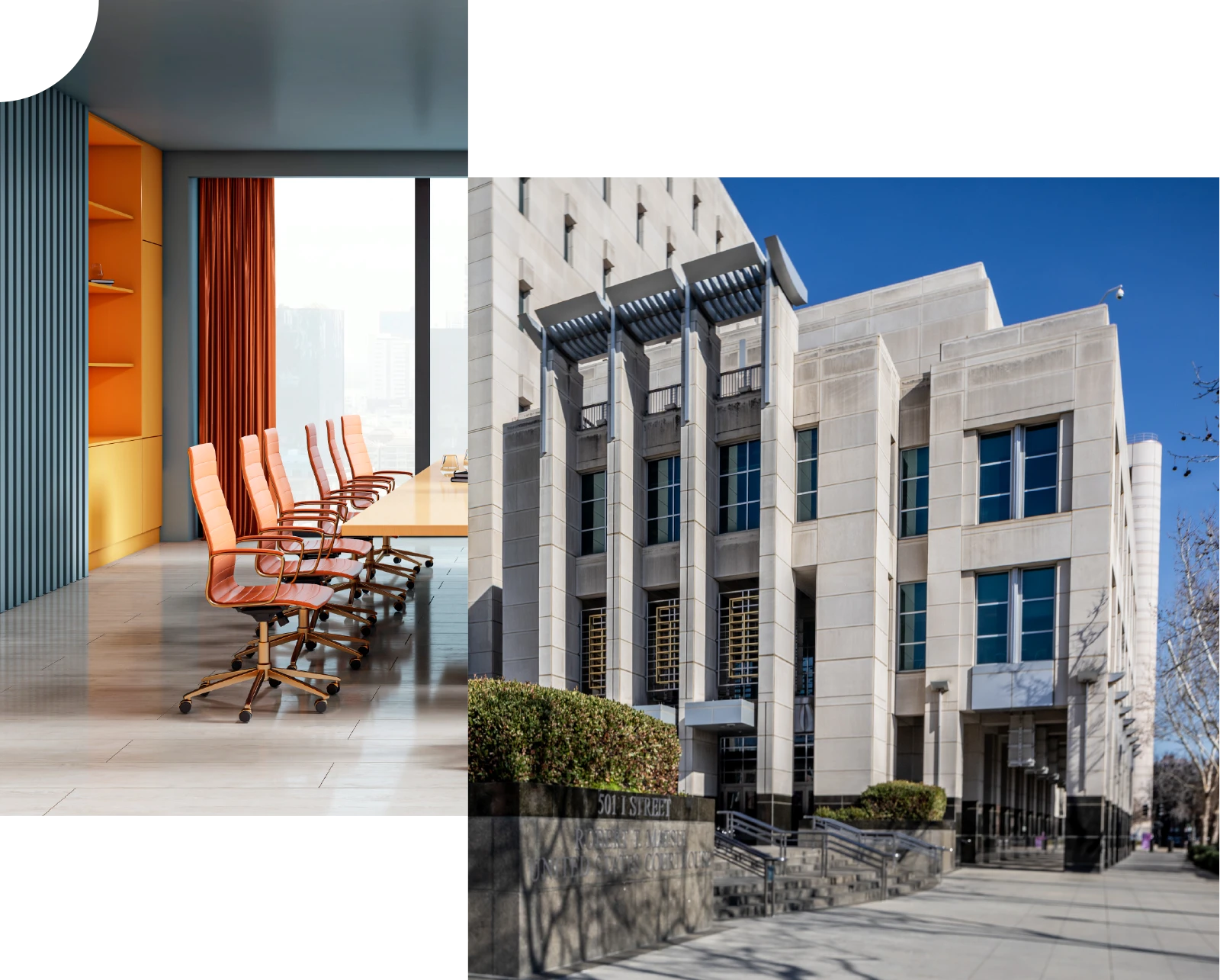 home-hero-1 interior of modern boardroom juxtaposed next to exterior of white brick courtroom
